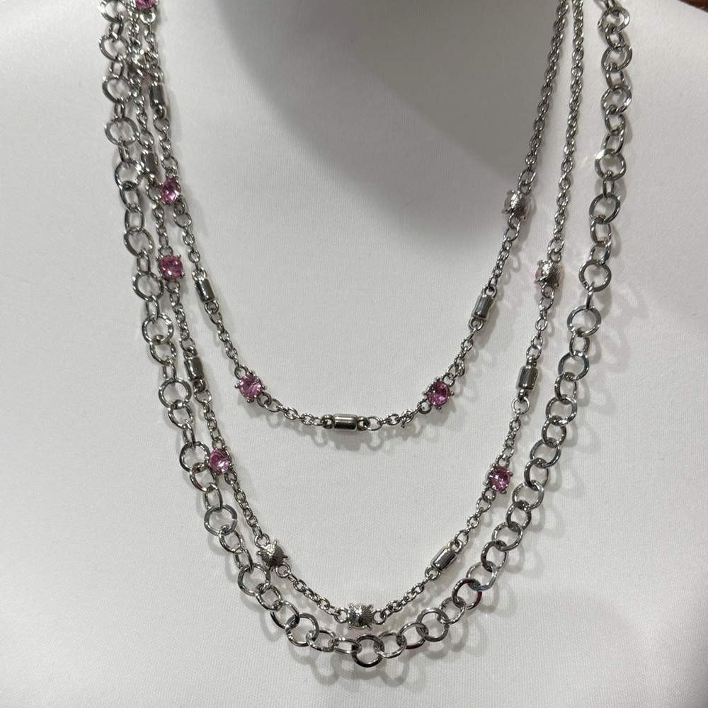 Source Unknown Silver and Pink Layered Necklace